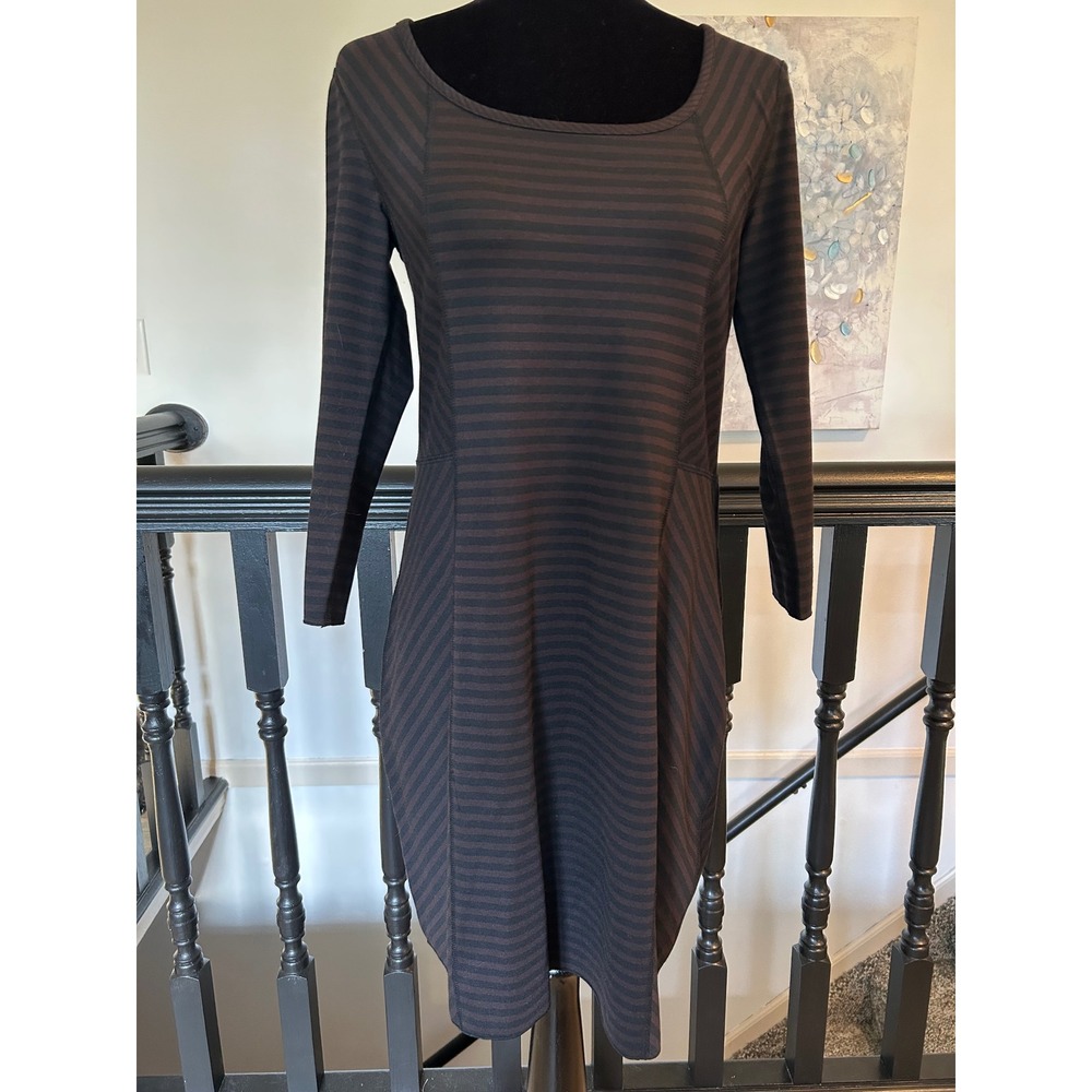 Lynn Ritchie Silver Striped Scoop Neck 3/4 Sleeve Sheath Dress Brown Black S